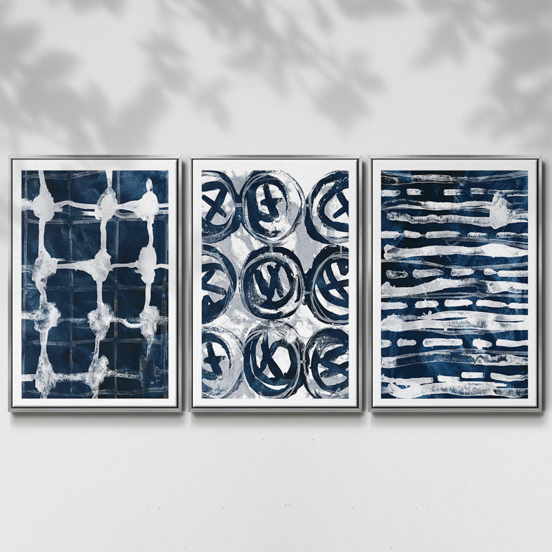 «Indigo Memory I», ensemble de 3 toiles encadrées, H 40 po x l 78 po, Argent