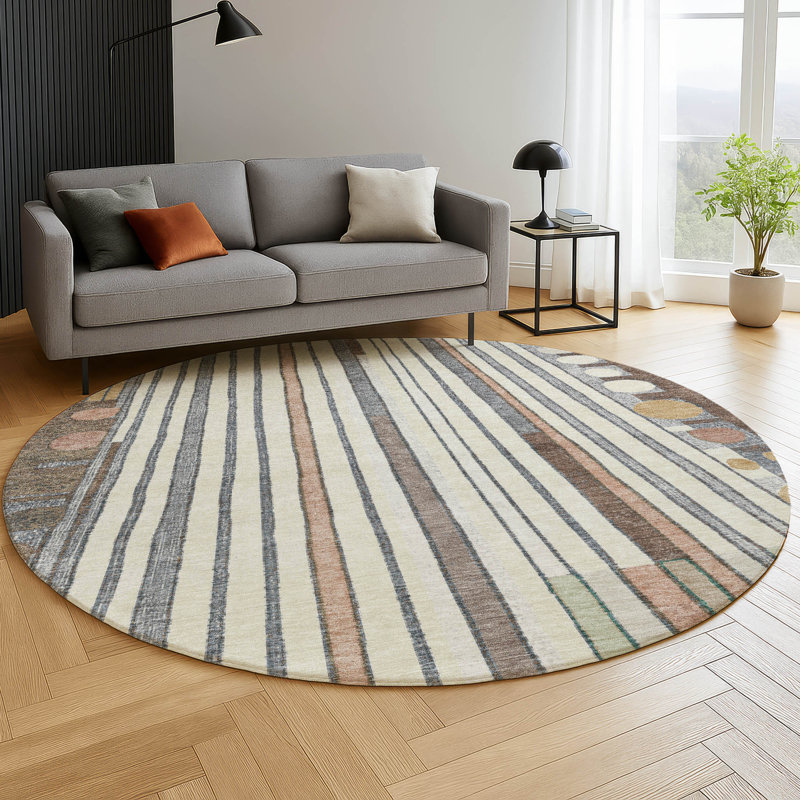 Premium Machine Washable Mayfield AMF2189 geometric Rug, 8' Round, Brown