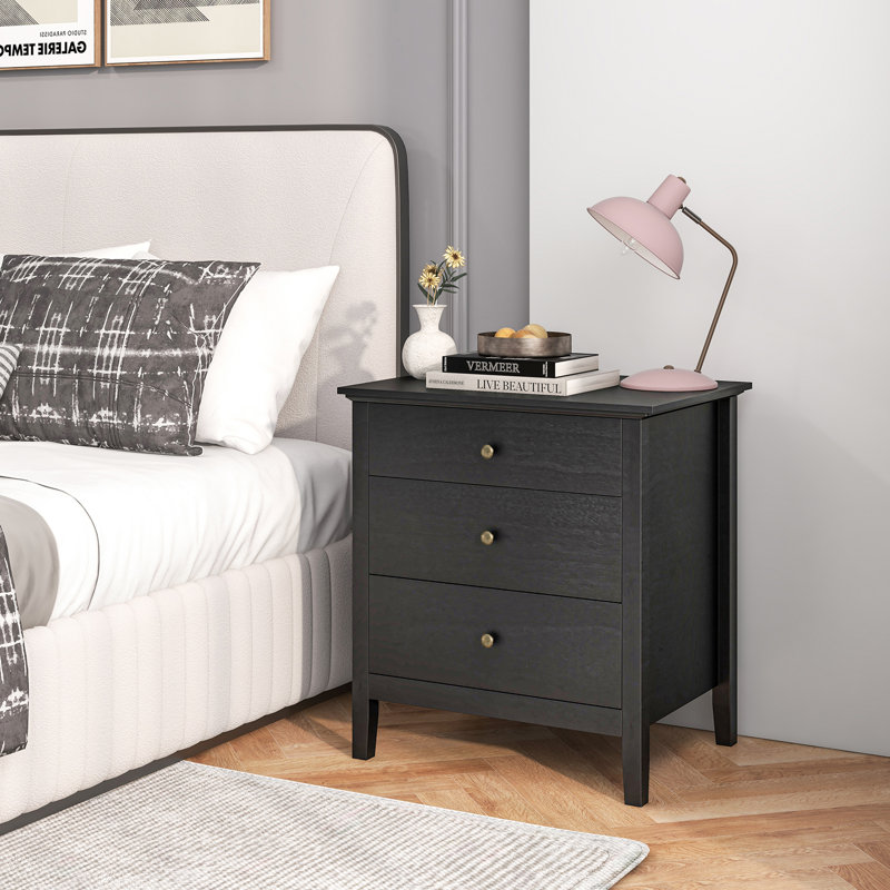 Abdülsamet Modern Wooden Nightstand with 3 Drawers, Black