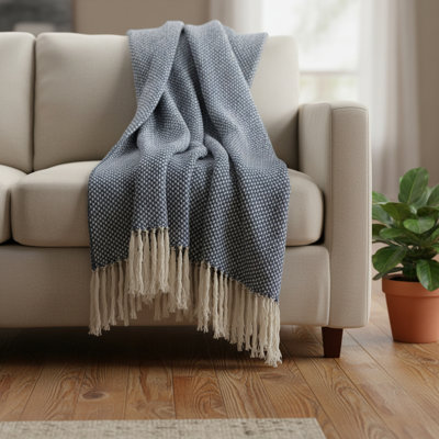 Jeté en coton tissé à pois bleu marine et ivoire 50 po x 60 po avec pampilles