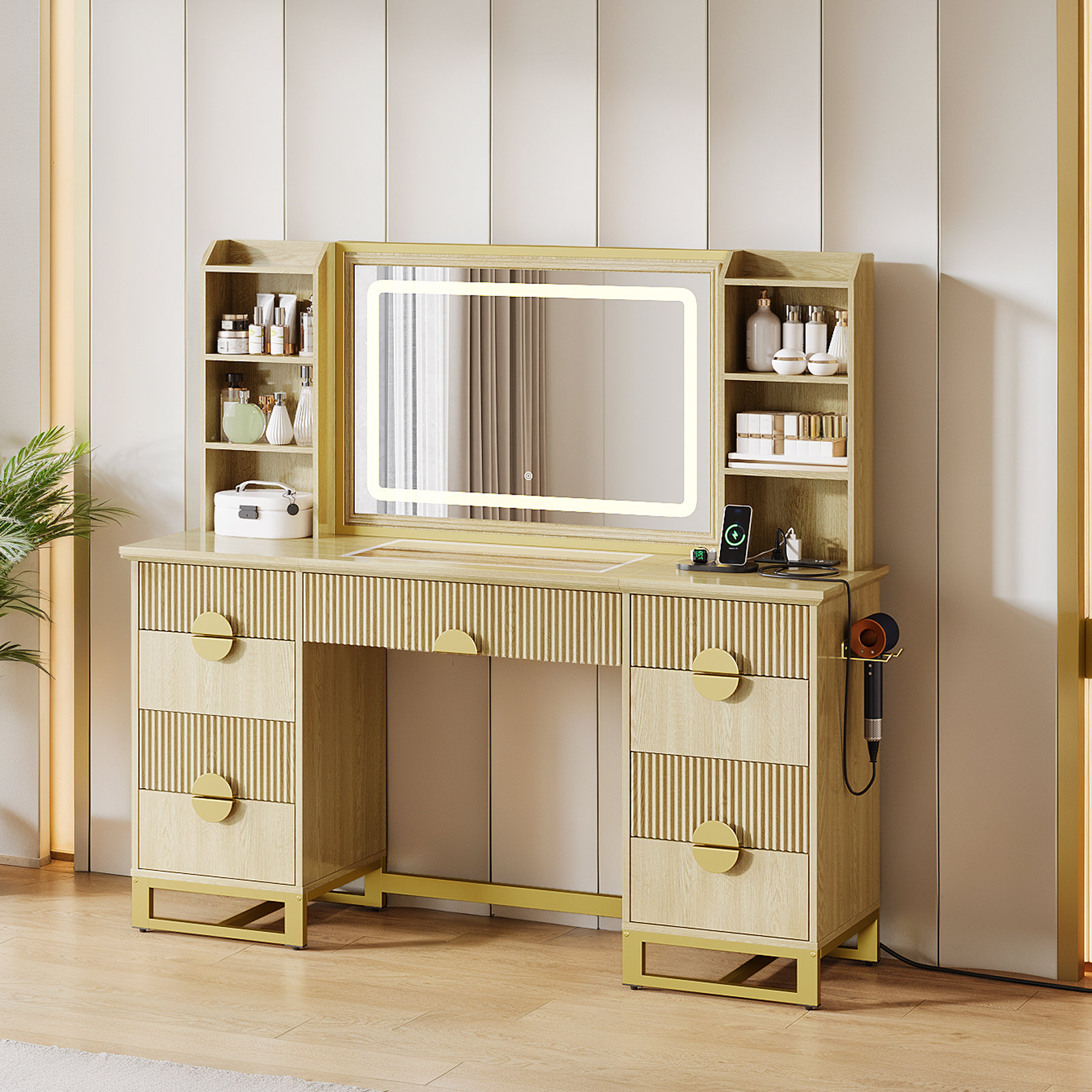 Corrigan Studio 60" Fluted Makeup Vanity Desk With 32" Big Lighted ...
