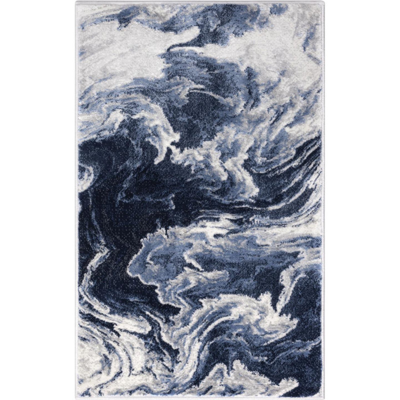 Tapis abstrait bleu en polypropylène tissé à la machine Jacleen, Rectangle 1 pi 11 po x 3 pi