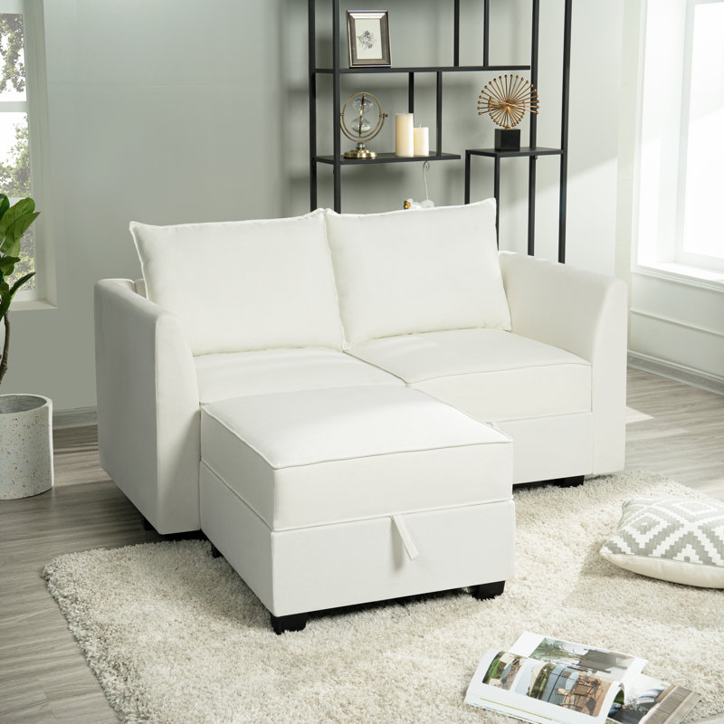 Cateleya L Shaped Sectional Sofa Upholstered Linen couch Loveseat with Ottoman, sleeper sofa, White