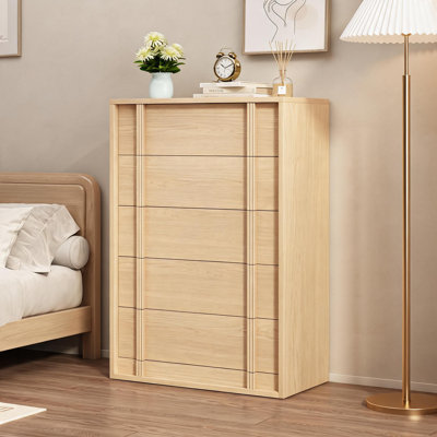 Nightstand with 5 Drawers for Bedroom, Modern Bedside Table with Vertical Handle, Wooden Storage Cabinet Side Table for Living Room Entryway Dorm, Nat
