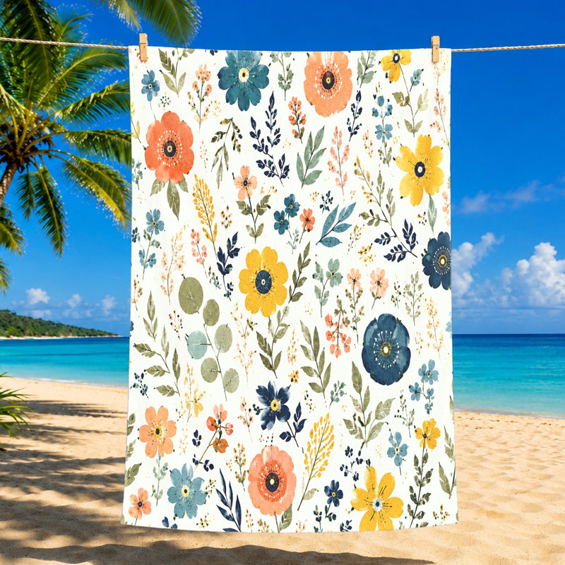 Serviette de plage florale 1Pcs, avec un imprimé botanique aquarelle vibrant avec des fleurs colorées et des feuilles vertes. Grande microfibre absorbante pour piscine, voyage, unisexe.