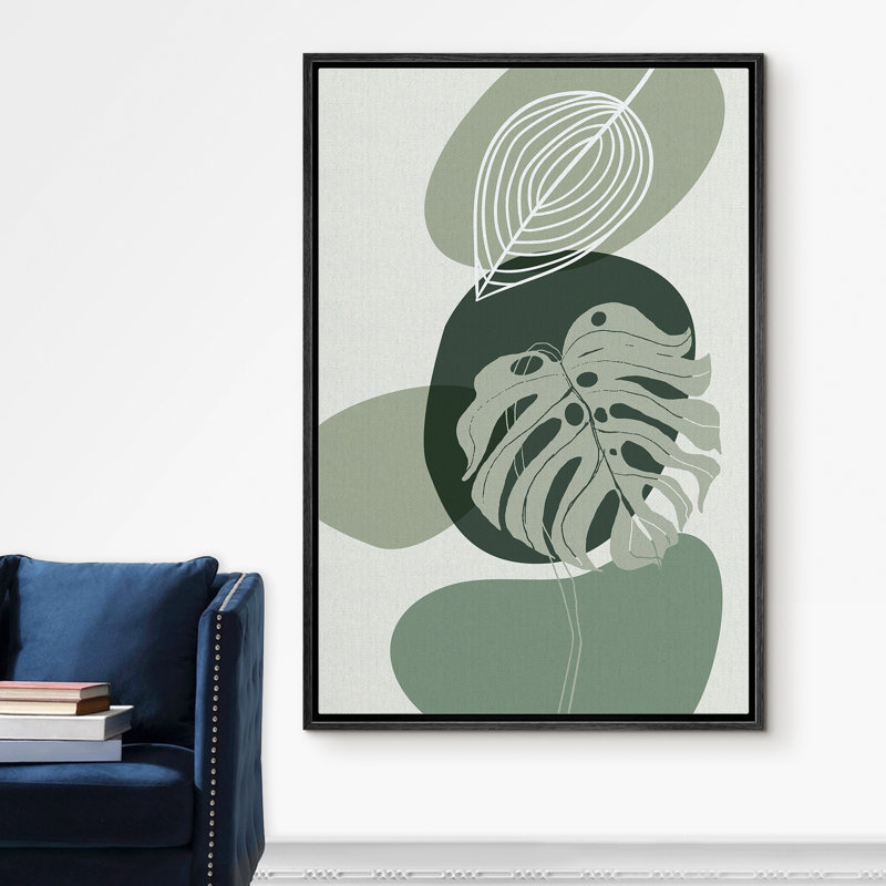 Signe, reproduction d'art sur toile encadrée, feuille de Monstera vert avec cercles oblongs, plantes florales, art numérique, art moderne, tropical, coloré, frais pour le salon, la chambre à coucher, le bureau - 24 po x 36 po - blanc