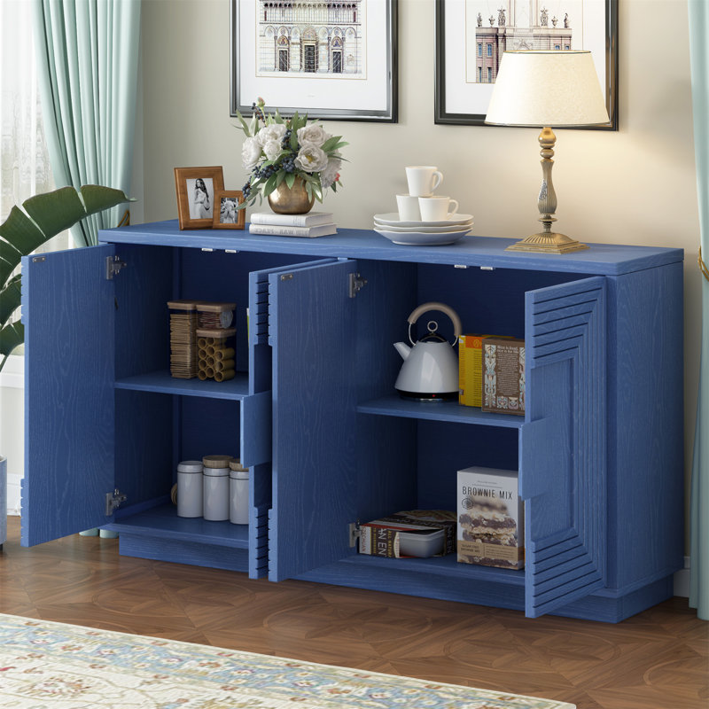 Buffet rétro vieilli à 4 portes avec tablettes réglables et motif géométrique pour un rangement polyvalent