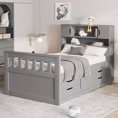 Captain Platform Bed Frame With Storage Bookcases And Shelves And 4 Drawers
