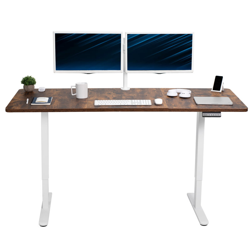Bureau debout à deux moteurs électriques 71 po x 30 po VIVO, série E2B7B, Brun rétro / blanc