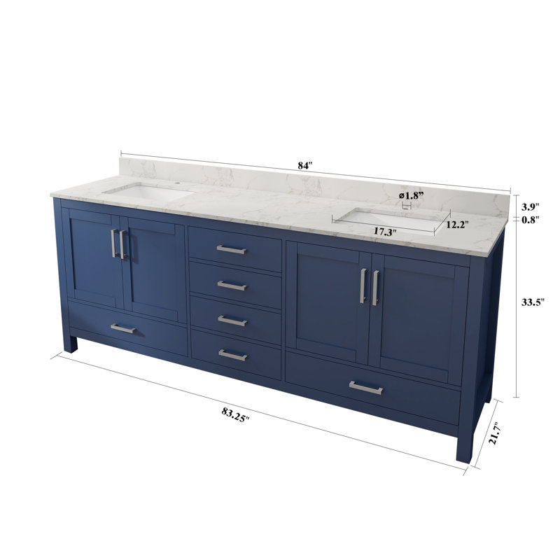 Meuble-lavabo autoportant 84 po avec lavabo double 84 po, 84", Bleu marine / nickel brossé