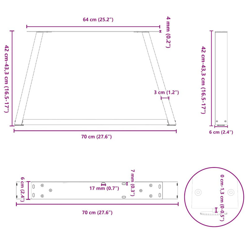 Auvil Table Leg, 43.3cm H x 60cm W x 6cm D, Anthracite