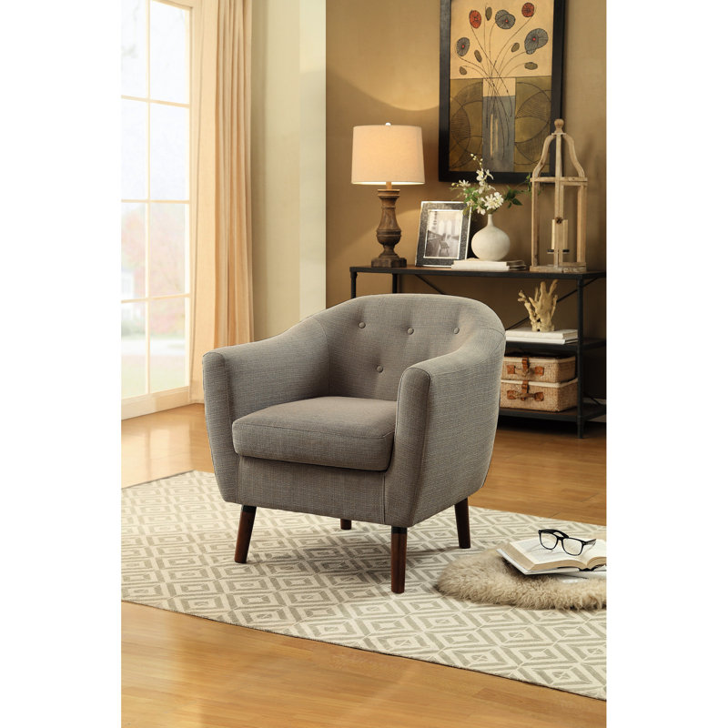 Style Mid-Century, tissu beige, fauteuil d'appoint rembourré, dossier à boutons, pieds en cerisier apparents, bois massif et noyau en contreplaqué