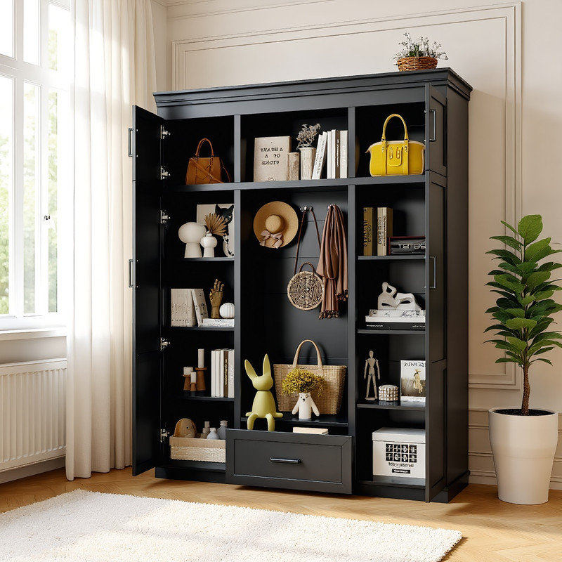 Modern Large Hall Tree with Bench & Storage – Layered Top, Adjustable Shelves, Hidden Drawer, Black
