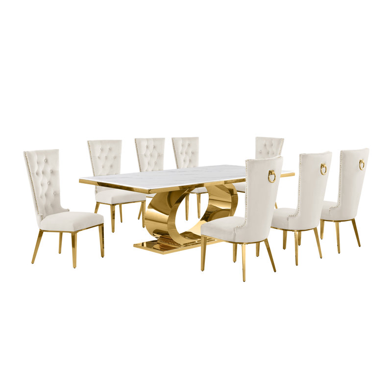 Ballance Marble Top Pedestal Dining Set, 9, Cream/Gold, Gold