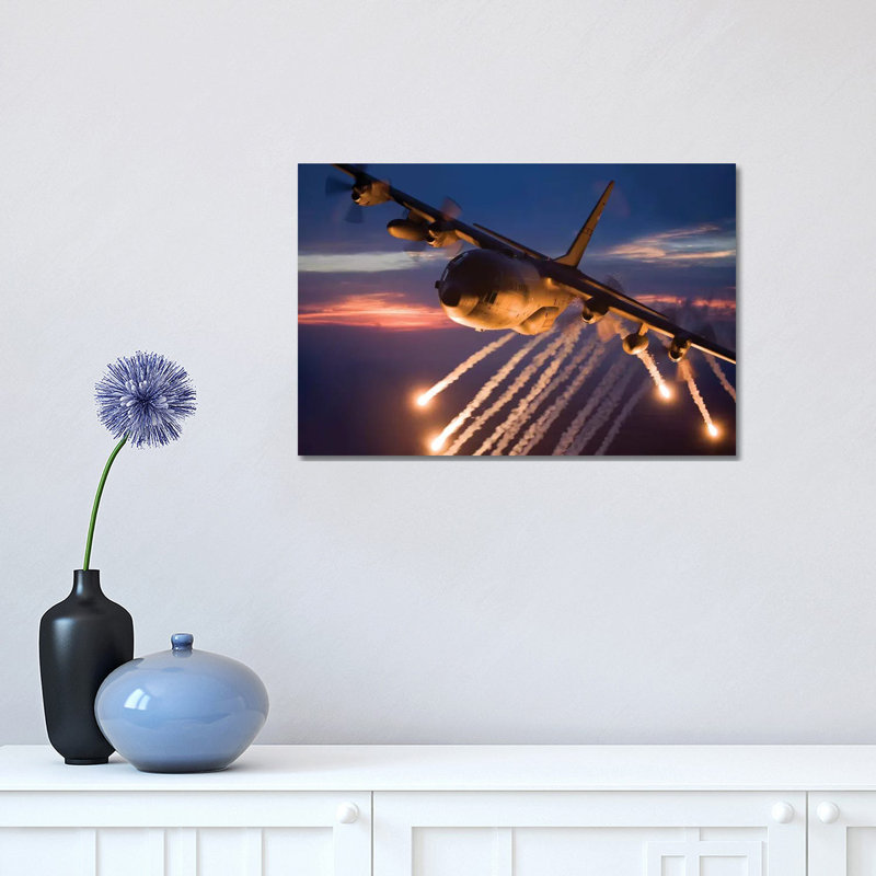 C-130 Hercules Releases Flares during a Mission over Kansas 1 Piece Wrapped Canvas Wall Art, 30.48 cm H x 45.72 cm W