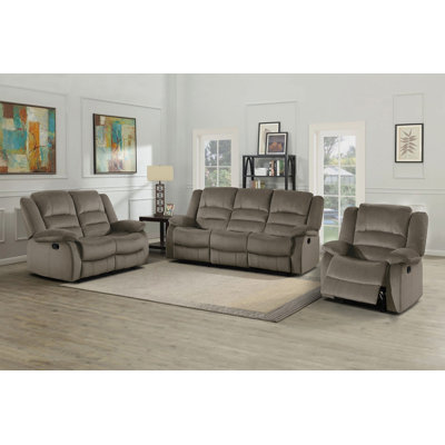 Bernardine Transitional Microfiber 3-Piece Living Room Set with Wall-Hugger Design, Tab Pull Recline & Pocket Coils