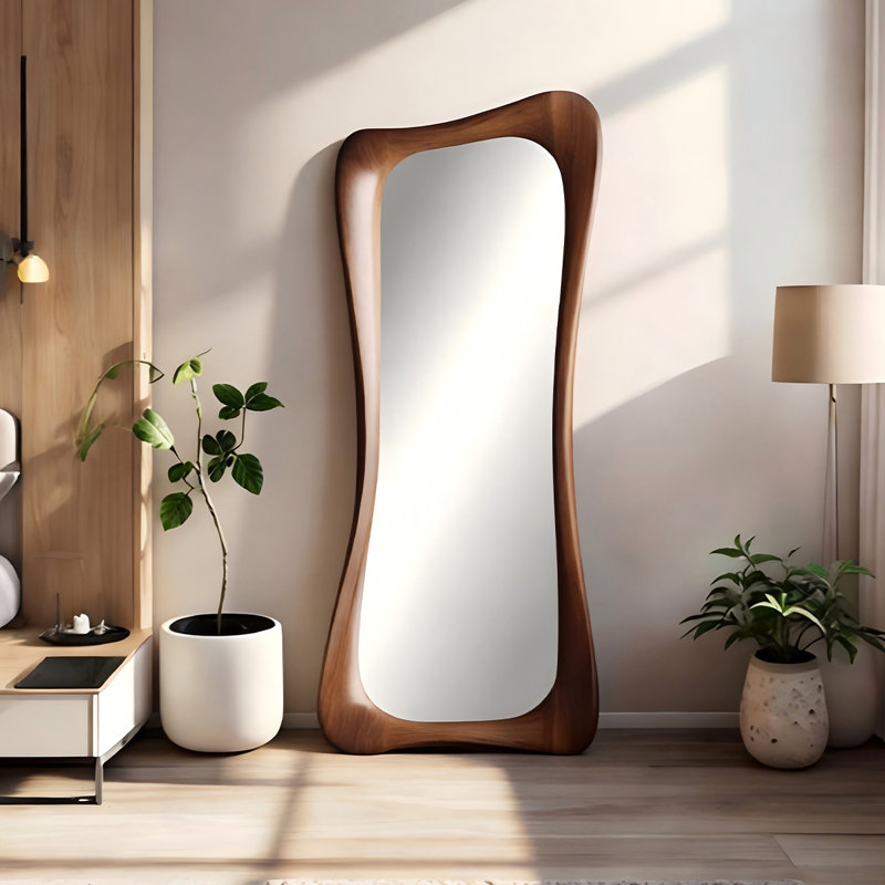 Miroir en verre de forme spéciale 70,87 po avec cadre en chêne brun et miroir, 70.87" H x 35.43" W x 1.57" D
