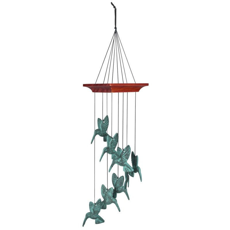 Verdigris Cast Metal Hummingbird Wind Chime with Wooden Top