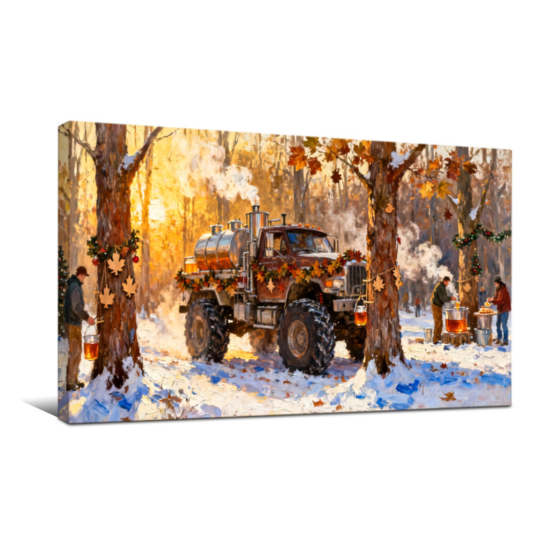 Christmas Winter Forest Truck Scene With People, 16" H x 32" W