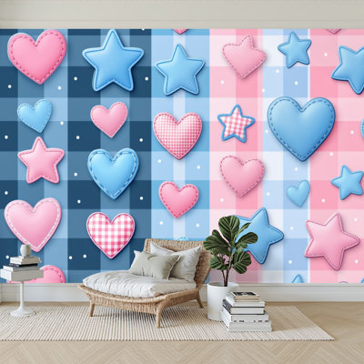 Peel and Stick Wallpaper 144" W x 100" H Modern Self Adhesive Wall Mural for Bedroom Hearts Stars Pastel Gingham Seamless Stitched Plush Effect