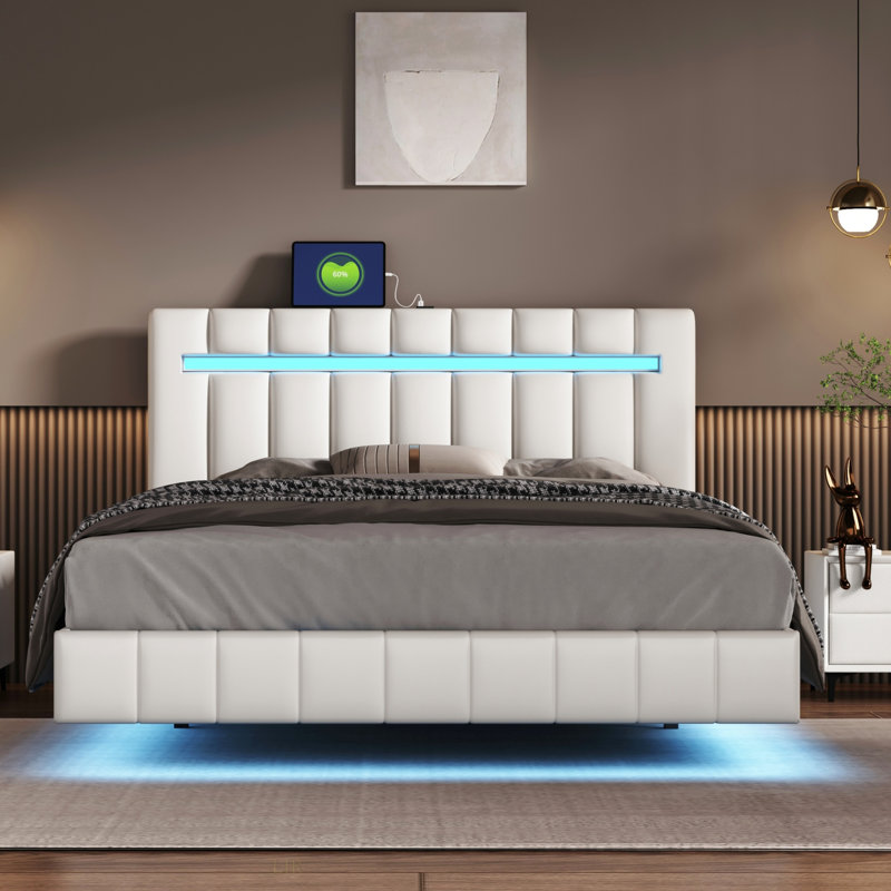 Cadre de lit flottant pour grand lit avec lumières DEL et chargement USB, cadre de lit tapissier moderne à plateforme (lit)
