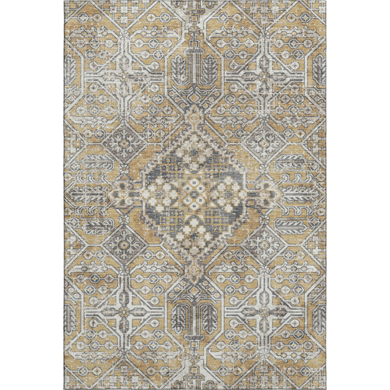 Premium Machine Washable Mayfield AMF2197 global Rug, Gold, 9' x 12'