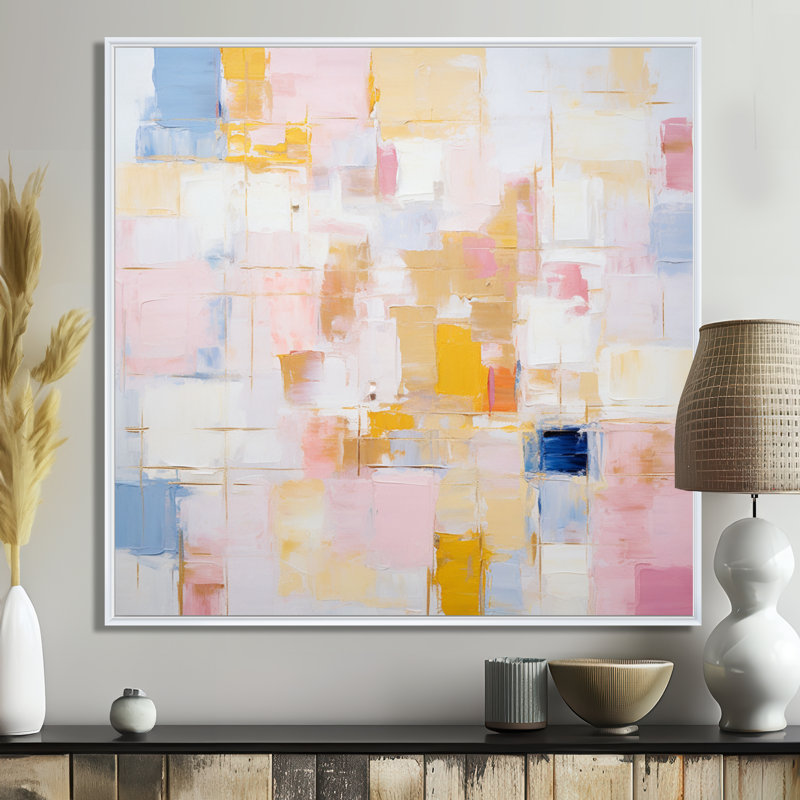 «Timeless Moments» en pastel rose jaune et bleu - peinture abstraite grand art mural, H 30 po x l 30 po x P 1 po