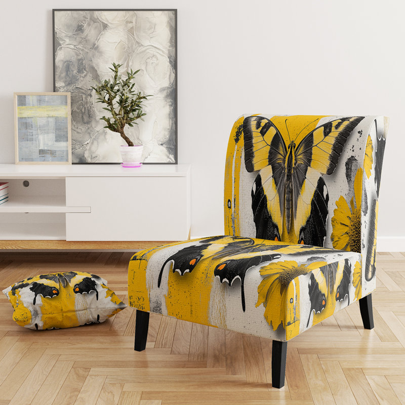 Abstract Colorful Upholstered Slipper Chair - Modern Velvet Accent Chair, Yellow/Black