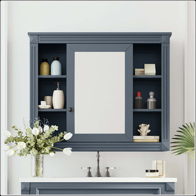 35x28 Wall Mounted Medicine Cabinet with 6 Open Shelves and Adjustable Shelves – Blue