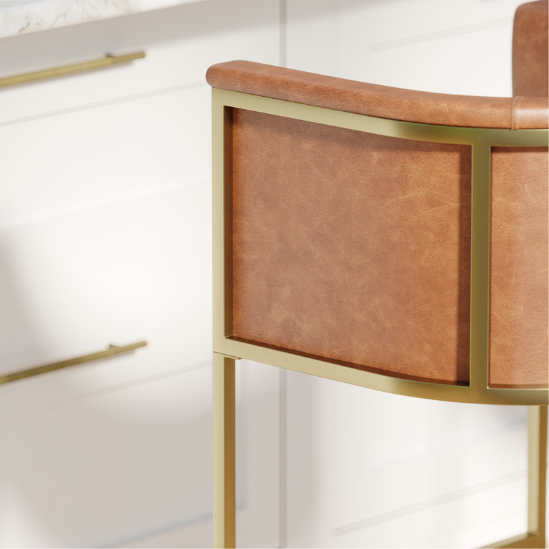 Tabouret de bar de 31 pouces avec tabouret brun, boîte enveloppante, mousse souple et repose-pieds incurvé pour les barres de cuisine modernes avec siège en cuir de 31 po, base en métal, glissières réglables et espaces transitionnels