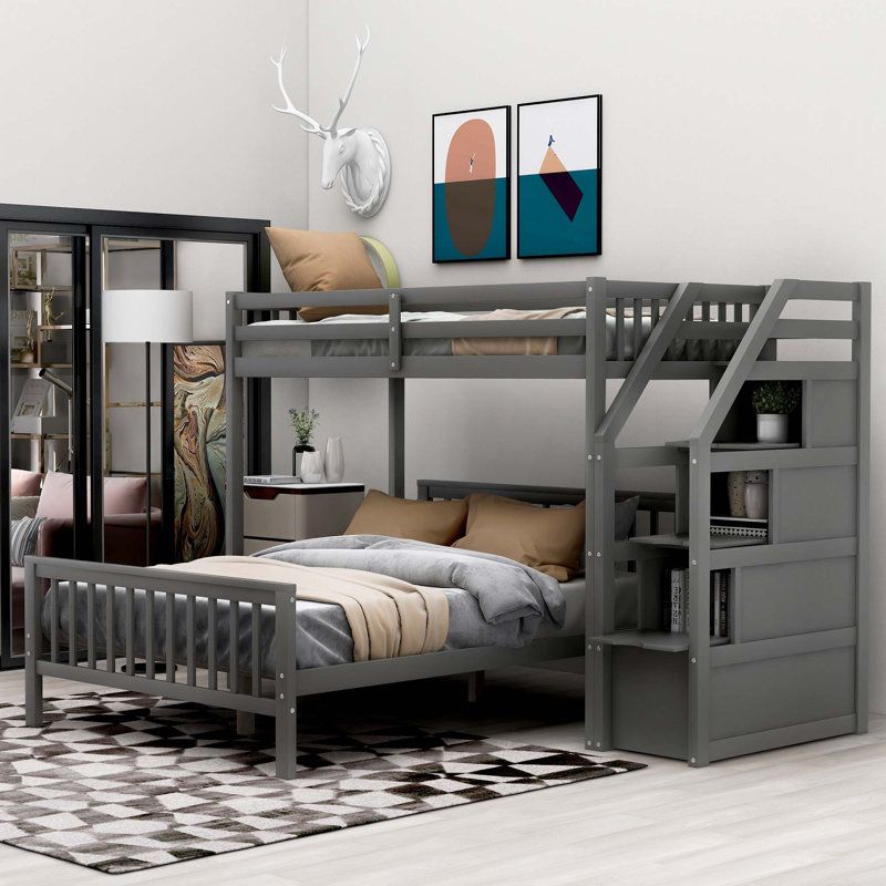 Lit mezzanine en bois avec escalier, Gris