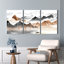 Ensemble de 3 tableaux sur toile représentant un paysage de montagne avec bateau et oiseaux