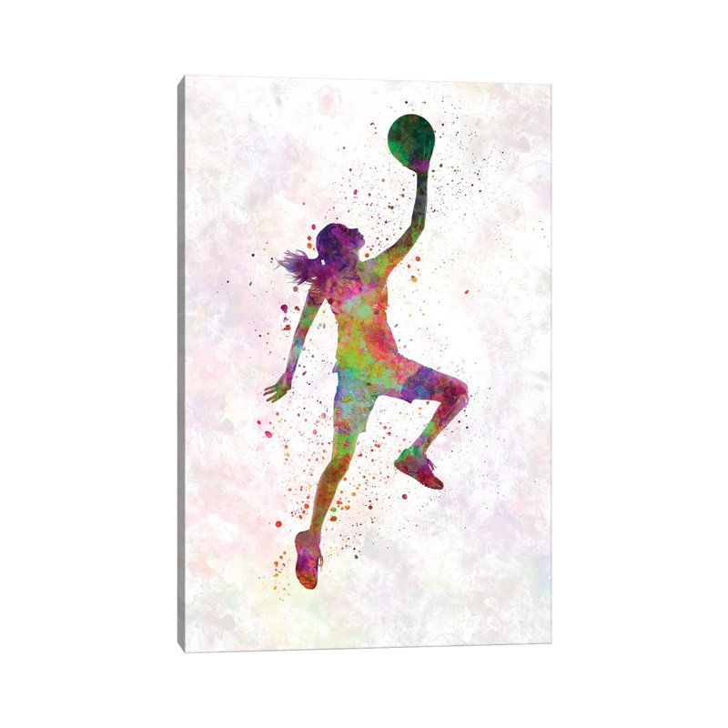 «Young Woman Basketball Player in Watercolor II» par Paul Rommer, impression sur toile tendue, H 40 po x l 26 po x P 1,5 po
