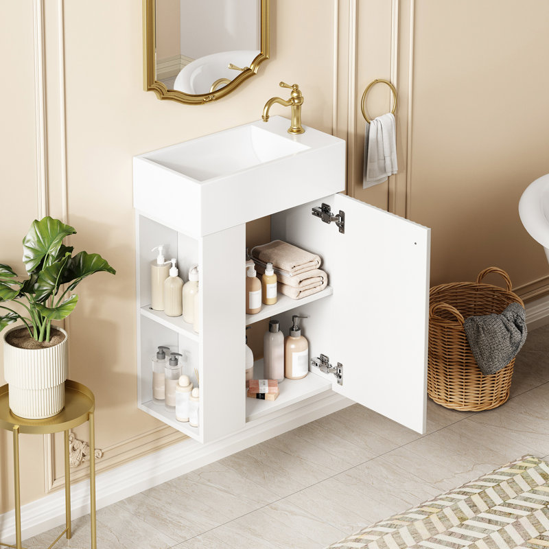 Meuble-lavabo rustique de 18,5 po avec lavabo en résine, armoire spacieuse sous le lavabo, tablettes latérales, organisation intelligente de style moderne à fermeture en douceur, poignées en alliage de zinc, portes