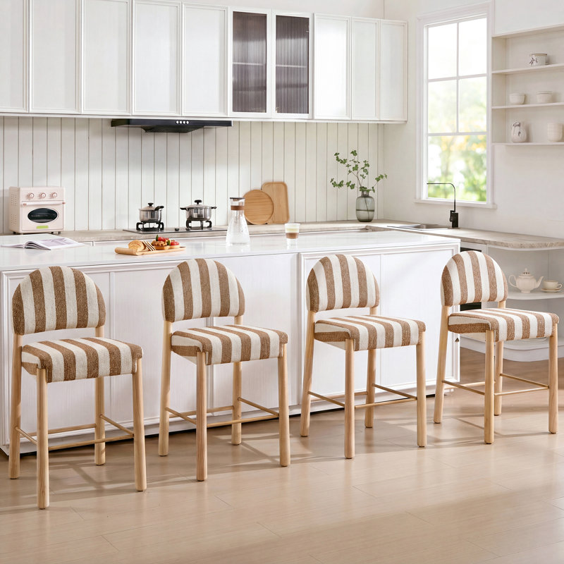 Tabouret de comptoir revêtu de lin 26,4 po avec cadre en bois massif Hyland (ensemble de 4), Brun / Blanc, Naturel