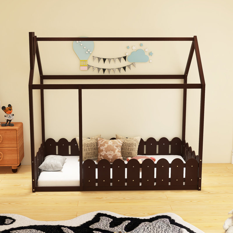 Cadre de lit en bois avec clôture, Lit simple, Brun