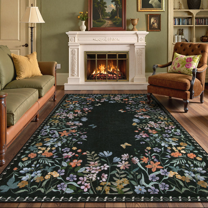     Floral Vintage Washable Black 5X7 Area Rug with Non Slip Backing - Low Pile Durable Carpet for Living Room, Bedroom, Dining Room or Office Decor