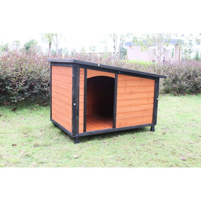 46" Dog House For Large Dogs - Solid Wood With Roof And Raised Base Gold Red Black Matte Kennel Wooden Feet Indoor Outdoor