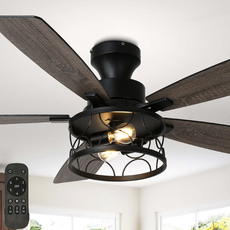 52 Inch Flush Mount Farmhouse Ceiling Fan with Light, Low Profile Black Caged Ceiling Fan with 5 Reversible Blades