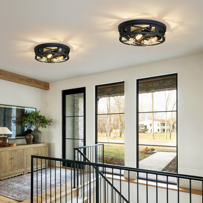2-Pack 4-Light Matte Black Industrial Flush Mount Ceiling Light, Crisscross Metal Cage Design