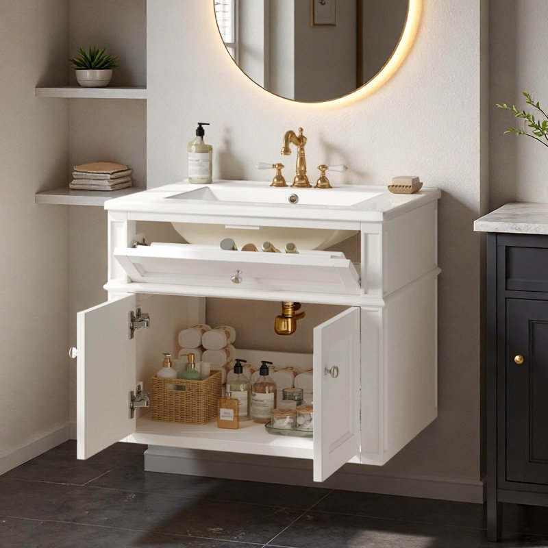 Meuble-lavabo suspendu simple de 61 cm (24 po) avec dessus en céramique, Blanc