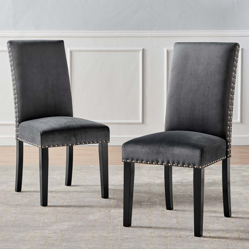 Modway Silver Orchid Lind Velvet Nailhead Trim Dining Side Chairs, Charcoal