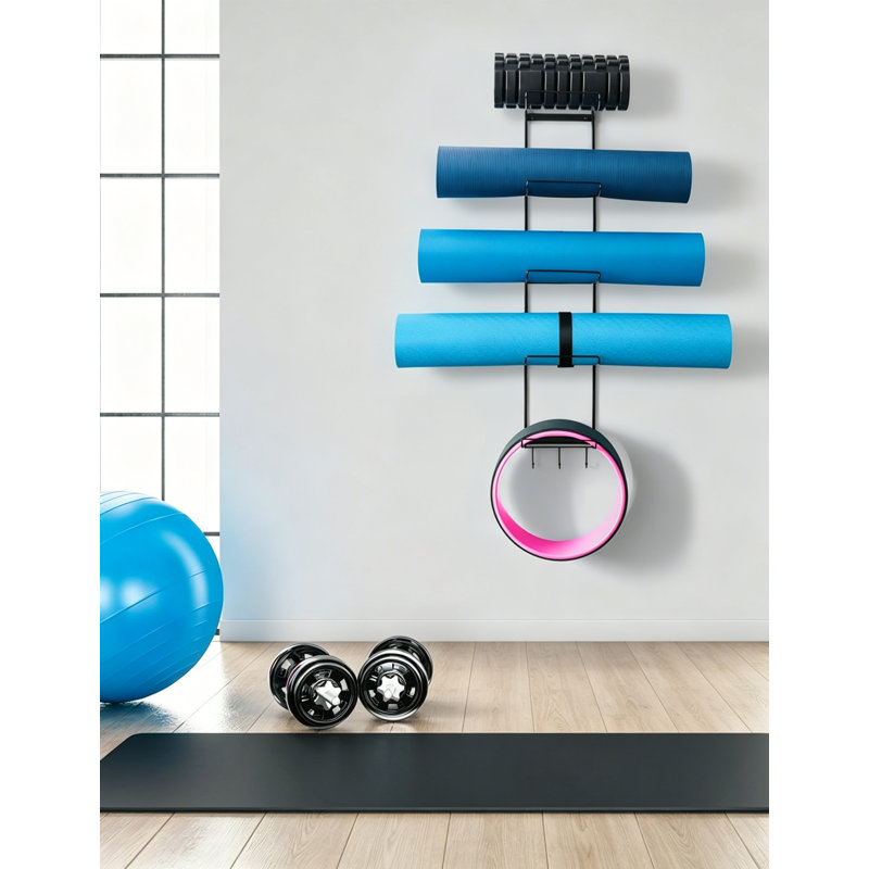 5-Tier Wall Mount Rack for Yoga Mats, Rollers & Blocks with 3 Hooks