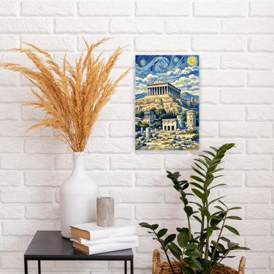 Parthenon Starry Night Vibrant Abstract Contemporary Architecture City Wall Art Print 1 Piece Wrapped Canvas Wall Art