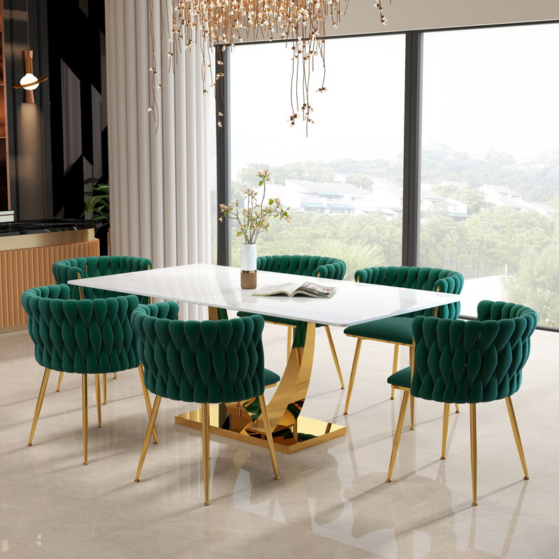 Ensemble de salle à manger rectangulaire à piédestal avec chaise tissée, H 29,5 po x L 71 po x l 35,4 po, Vert