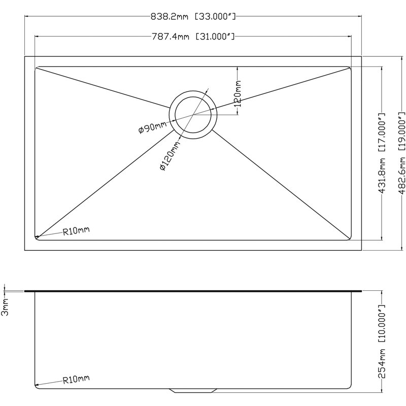 Évier de cuisine en acier inoxydable 33 po x 19 po x 10 po - acier inoxydable T304 de calibre 16 avec ensemble de drain noir