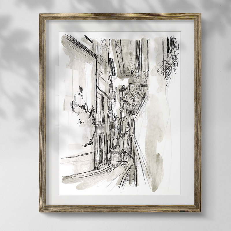 Europe Street Sketches I, Papier avec cadre noyer, Blanc