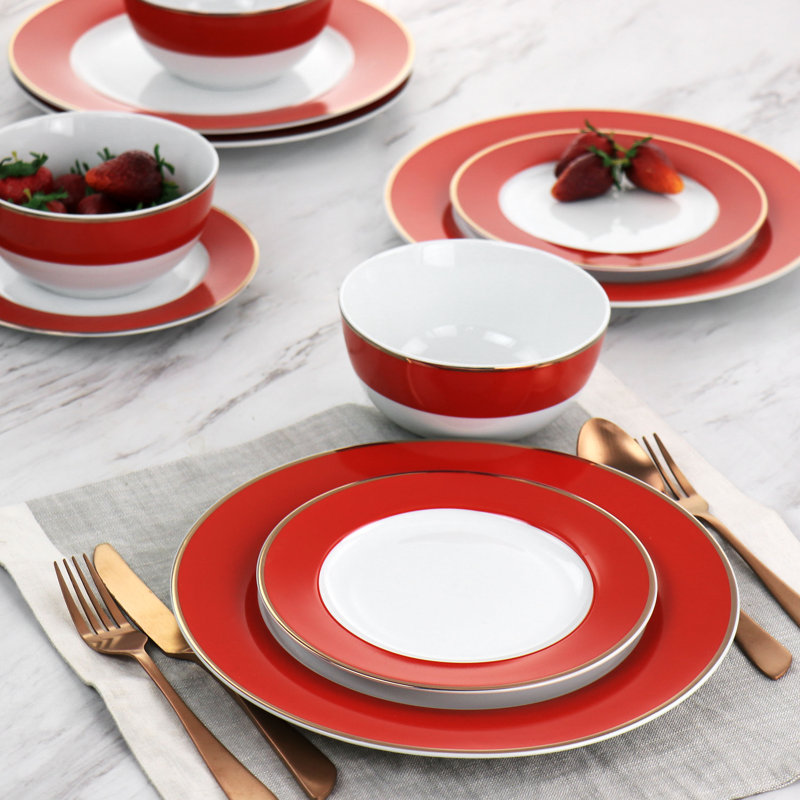 Red and Gold Rimmed 12-Piece Ceramic Dinnerware Set