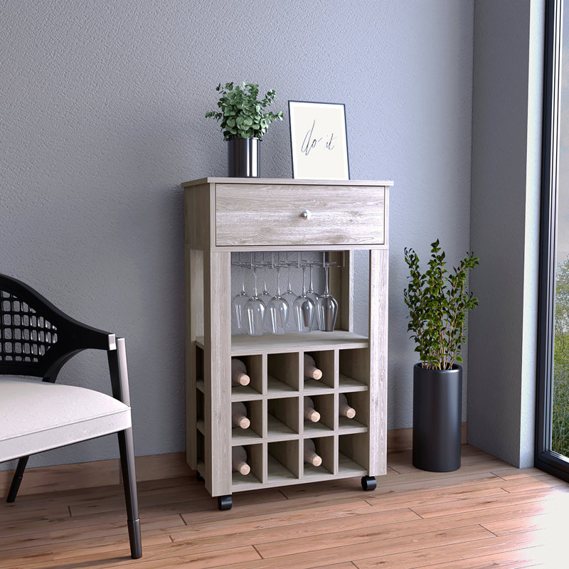 Chariot-bar, douze porte-bouteilles encastrés, quatre pieds, une tablette ouverte, Gris