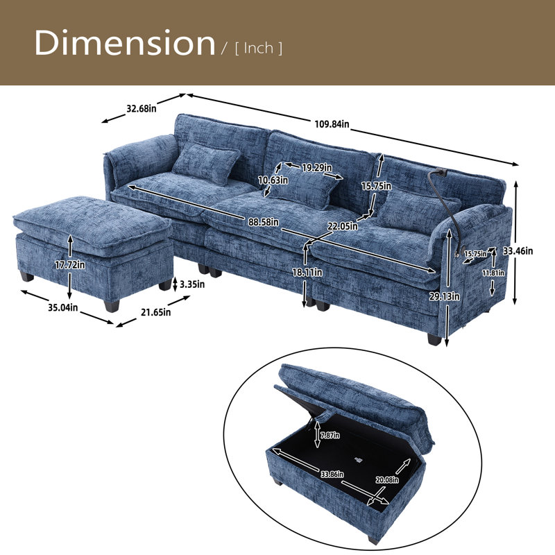 Canapé modulaire surdimensionné surdimensionné pour le salon, canapé en L moderne en chenille, canapé-lit modulaire confortable avec repose-pieds de rangement mobile, support pour téléphone, port de charge USB